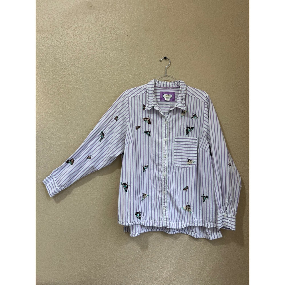 Maeve Anthropologie Purple Stripe Butterfly Embroidered Moth Button Bug Shirt 2X
